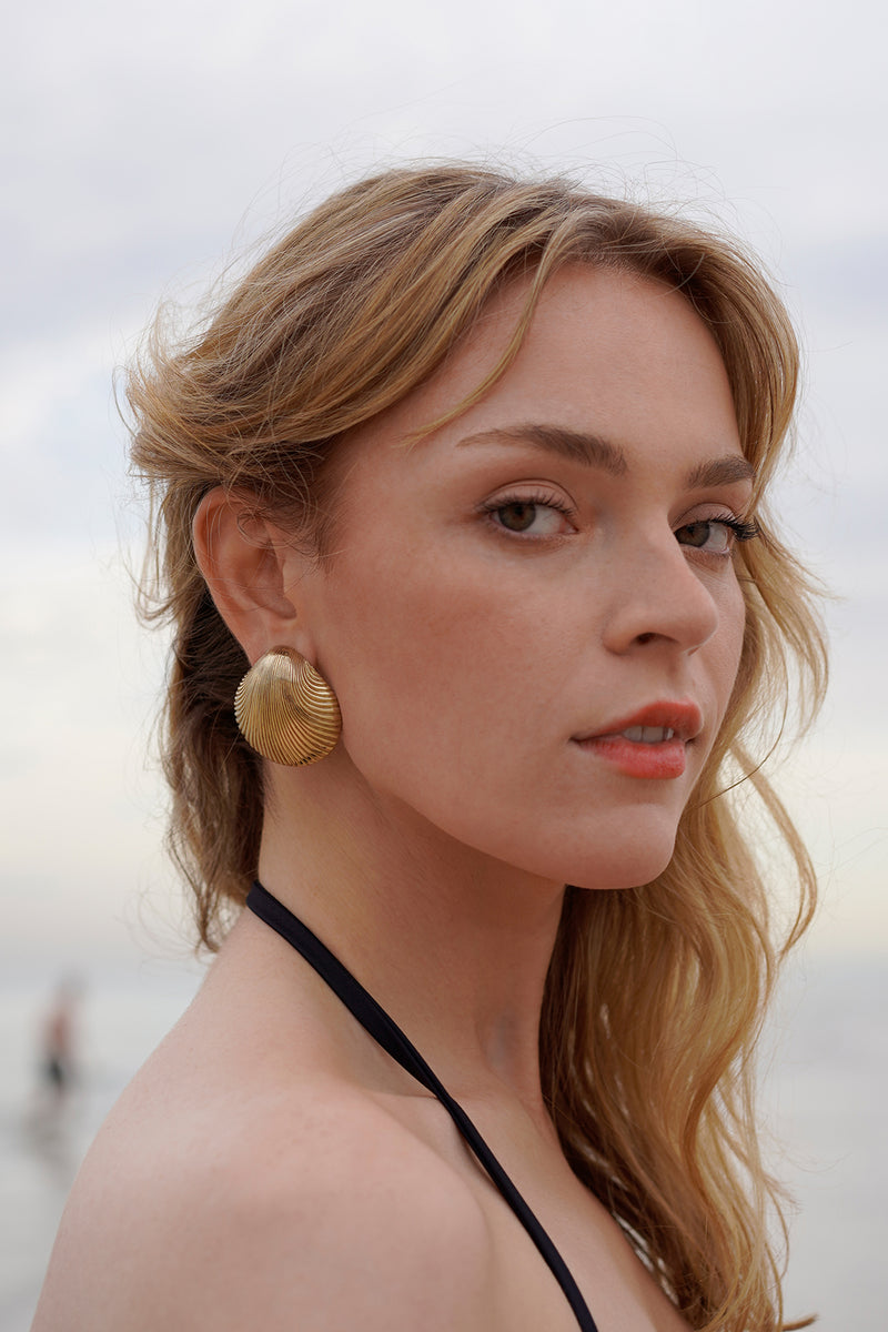 Super Shell Earrings, Worn Side View