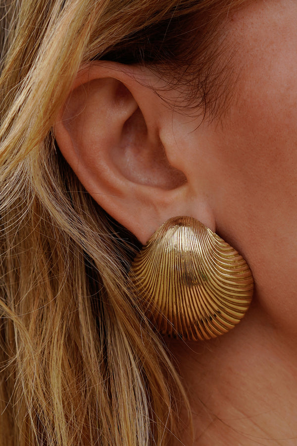 Super Shell Earrings, Worn Side View Closeup Detail