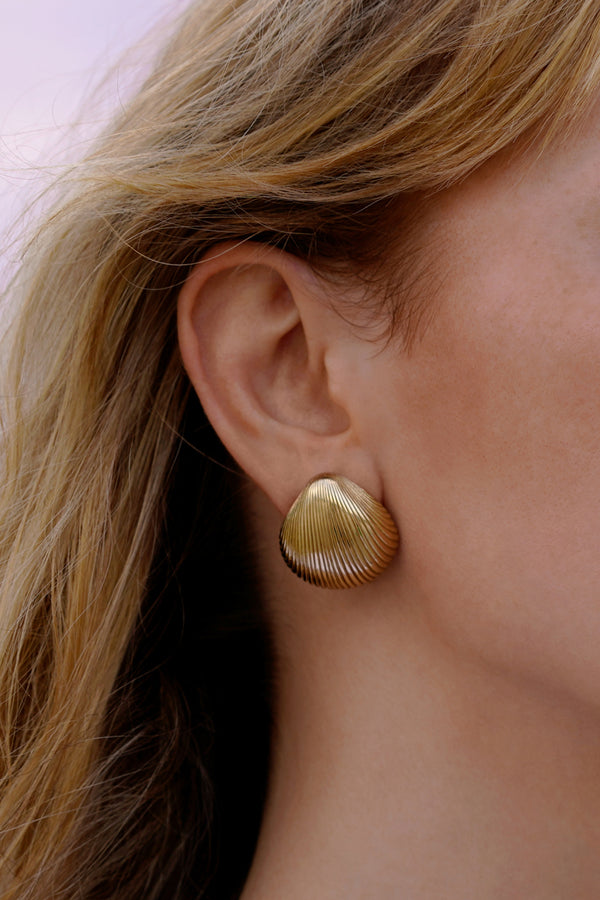 Shell Earring in Golden Brass, Worn Side View Detail