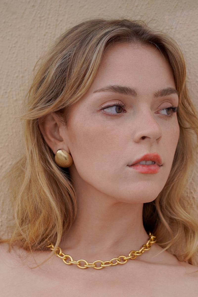 Shell Earring in Golden Brass, Worn Styled View